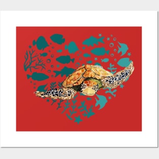 Green Sea Turtle Swimming Towards You Posters and Art